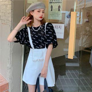 Short-sleeve Lettering Print Lace T-shirt / Mini A-line Suspender Skirt