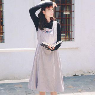 Embroidered A-line Corduroy Pinafore Dress