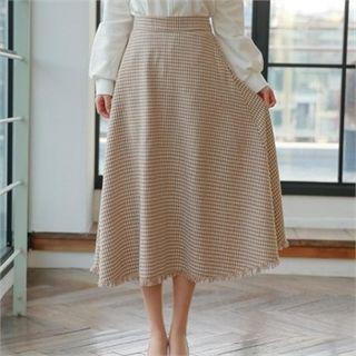 Fringe-hem Houndstooth Maxi Skirt