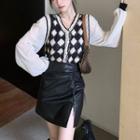 Lantern-sleeve Knit Panel Top / Faux Leather Mini Pencil Skirt