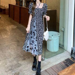 Short Sleeve Square Neck Floral Midi A-line Dress