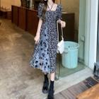 Short Sleeve Square Neck Floral Midi A-line Dress