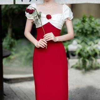 Puff-sleeve Flower Detail Two-tone Midi Sheath Dress