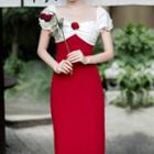 Puff-sleeve Flower Detail Two-tone Midi Sheath Dress