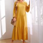 Long-sleeve Crew Neck Plain Midi A-line Dress