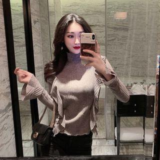 Long-sleeve Mock-neck Ruffled Knit Top