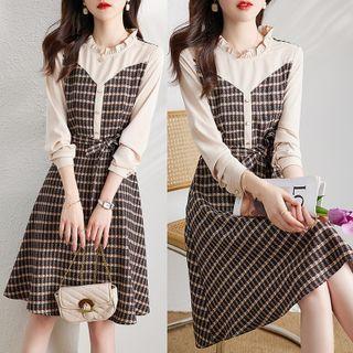 Frill Trim Plaid Panel A-line Dress