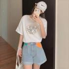 Short-sleeve Floral Print T-shirt / Denim Shorts