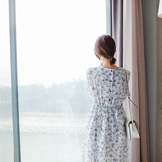 3/4-sleeve Gathered-waist Floral Dress