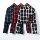 Long Sleeve Plaid Lettering Crop Shirt