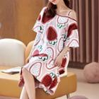 Short-sleeve One-shoulder Strawberry Print Sleep Dress