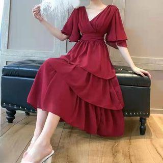 Elbow-sleeve Midi Tiered A-line Dress