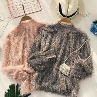 Puff-sleeve Mock-neck Fringed Top