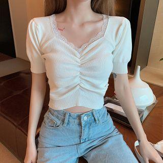 Short-sleeve Lace Trim Crinkled Knit Top