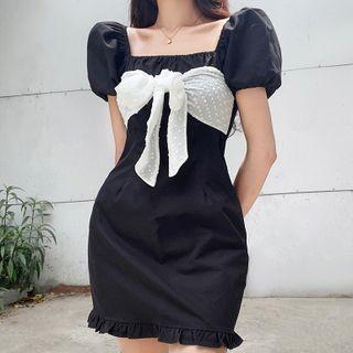 Puff-sleeve Square Neck Bow-front Mini Dress