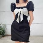 Puff-sleeve Square Neck Bow-front Mini Dress