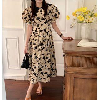 Short-sleeve Floral A-line Dress Black Flowers - Beige - One Size
