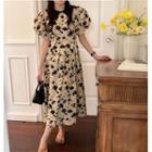 Short-sleeve Floral A-line Dress Black Flowers - Beige - One Size