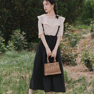 Set: Puff-sleeve Ruffled Blouse + Dotted Midi Jumper Dress
