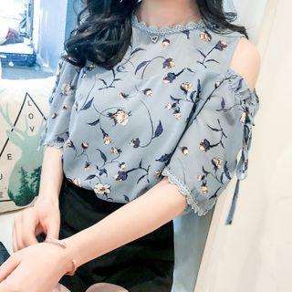 Floral Print Cold-shoulder Short-sleeve Blouse