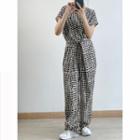 Short-sleeve Patterned Wide-leg Jumpsuit Black - One Size