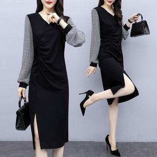 V-neck Side Slit Long-sleeve Sheath Dress