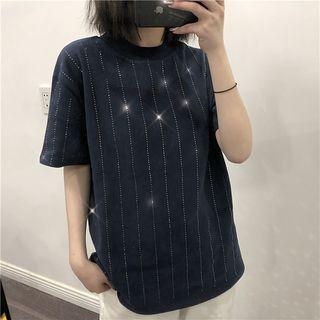 Elbow-sleeve Striped Sequined T-shirt
