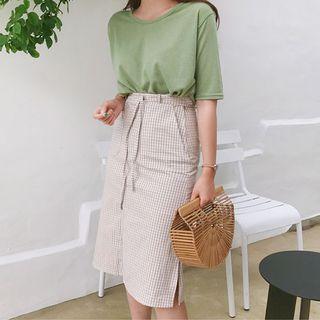 Slit-accent Tie-waist Check A-line Skirt