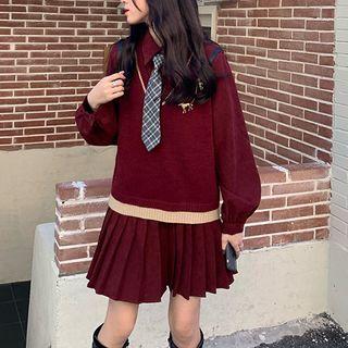 Set: Long-sleeve Pleated Mini A-line Shirtdress + Tie + Sweater Vest