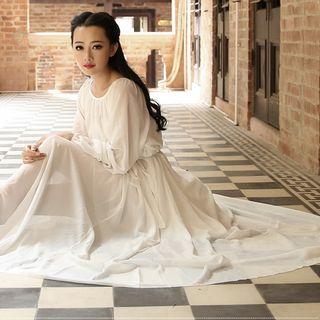 Long-sleeve Tie-waist Maxi A-line Dress