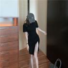 Round-neck Plain Drawstring Split Dress
