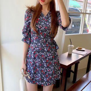 Elbow-sleeve Floral Print Wrap Minidress Black - One Size