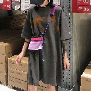 Printed Elbow-sleeve T-shirt Dress Dark Gray - One Size