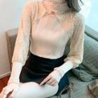 Long-sleeve High-neck Lace Panel Mock Two-piece Knit Top
