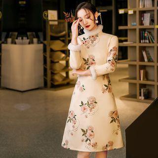 Long-sleeve Flower Print A-line Qipao Dress