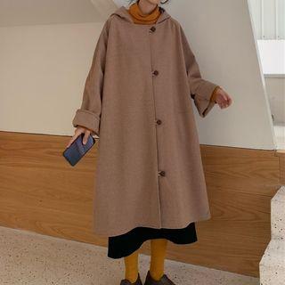 Hooded Single-breasted Midi Coat Light Camel - One Size