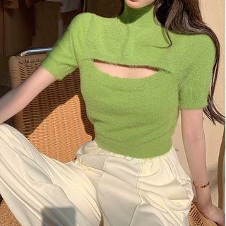 Short-sleeve Turtleneck Cutout Knit Top
