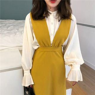 Plain Pinafore Midi Dress / Plain Band Collar Shirt