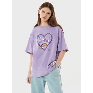 Heart-printed Label-patched T-shirt Lavender - One Size
