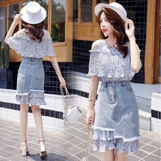 Set: Floral Elbow-sleeve Blouse + Denim A-line Skirt