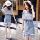 Set: Floral Elbow-sleeve Blouse + Denim A-line Skirt