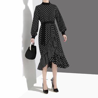 Long-sleeve Dotted Midi Sheath Dress Black - One Size