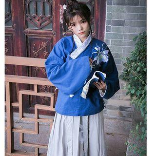 Long-sleeve Floral Embroidered Wrap Top / Tie-waist Midi A-line Skirt