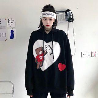 Bear Heart Print Fleece-lined Hoodie Black - One Size