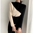 Long-sleeve Color Block Plain Top As Shown In Figure - One Size