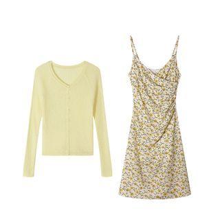 Floral V Neck Strappy Dress/ Plain Skinny Long Sleeve Cardigan