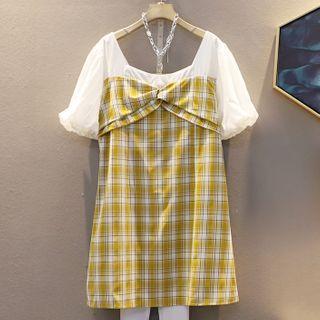 Puff-sleeve Plaid Panel Bow A-line Dress