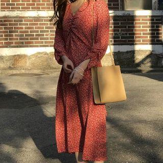 3/4-sleeve Floral Midi Dress Red - One Size