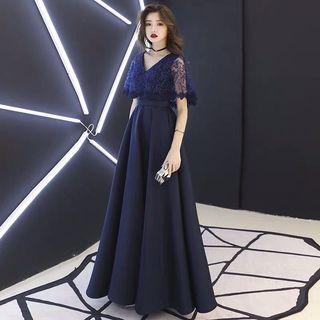 Elbow-sleeve Lace Paneled A-line Evening Gown