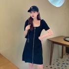 Square-neck Short-sleeve Zip A-line Dress